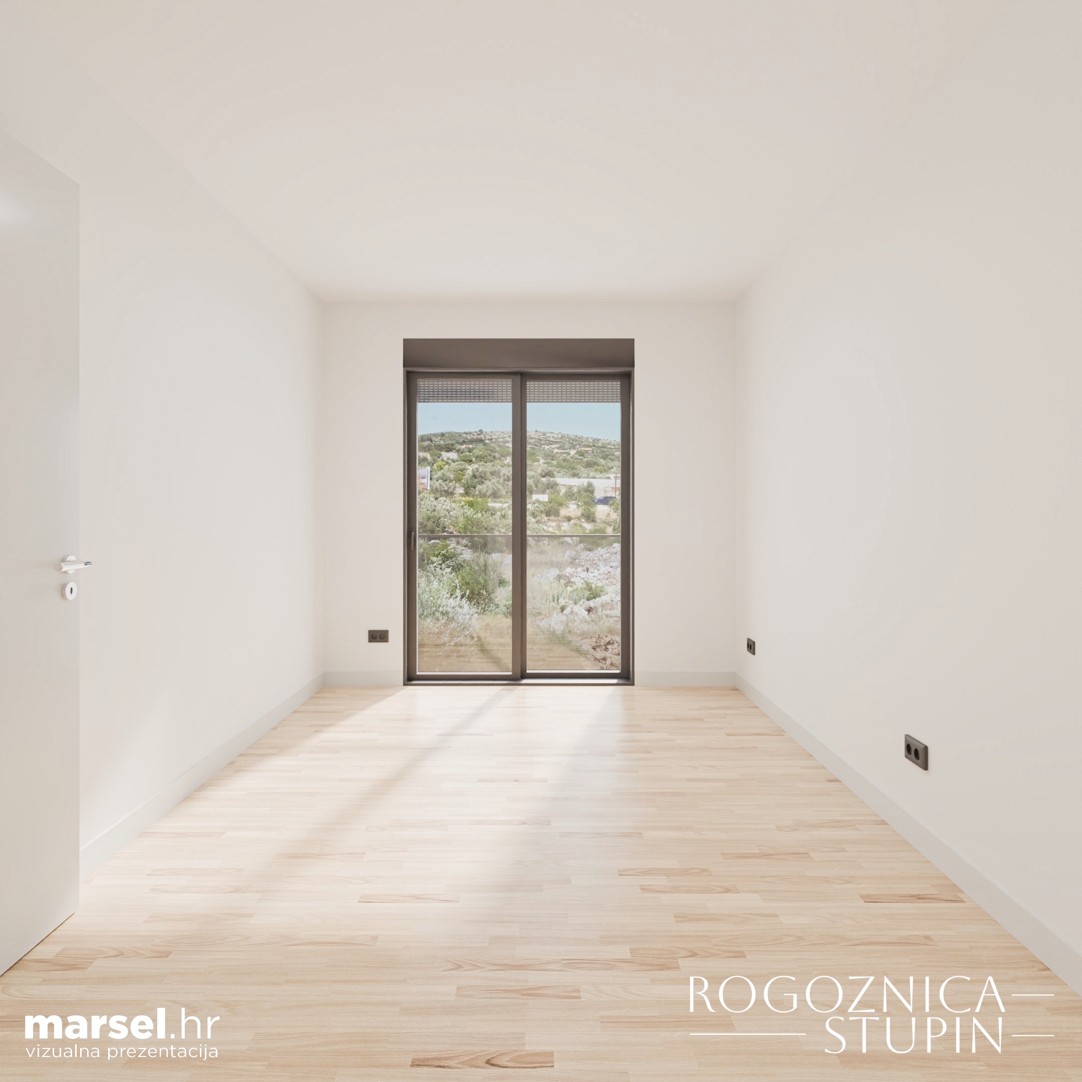 Vizualizacija interijera apartmana u novogradnji Rogoznica Stupin. Prostrani i svijetli unutarnji prostori s pogledom na more, idealni za stanovanje ili investiranje u apartman na dalmatinskoj obali.